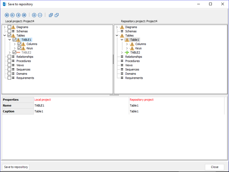 compare and display the differences between the current version of your data model and the remote version